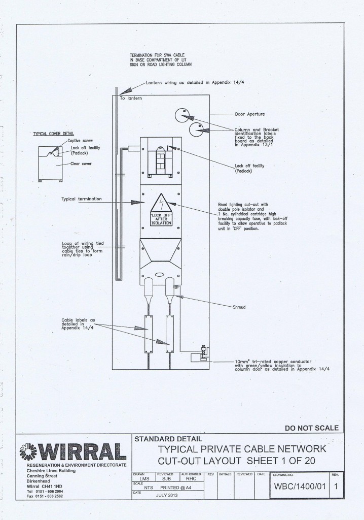 Bam Nuttall contract drawings of one of the twenty different designs for wiring for one of Wirral Council's streetlights