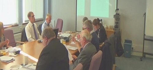 Pensions Board meeting 13th October 2015 Foreground L to R Unknown, Patrick Moloney, Mike Hornby, Paul Wiggins, John Raisin (Chair), Anne Beauchamp Background L to R Unknown, Peter Wallach (Head of Pension Fund), Joe Blott (Strategic Director for Transformation and Resources)