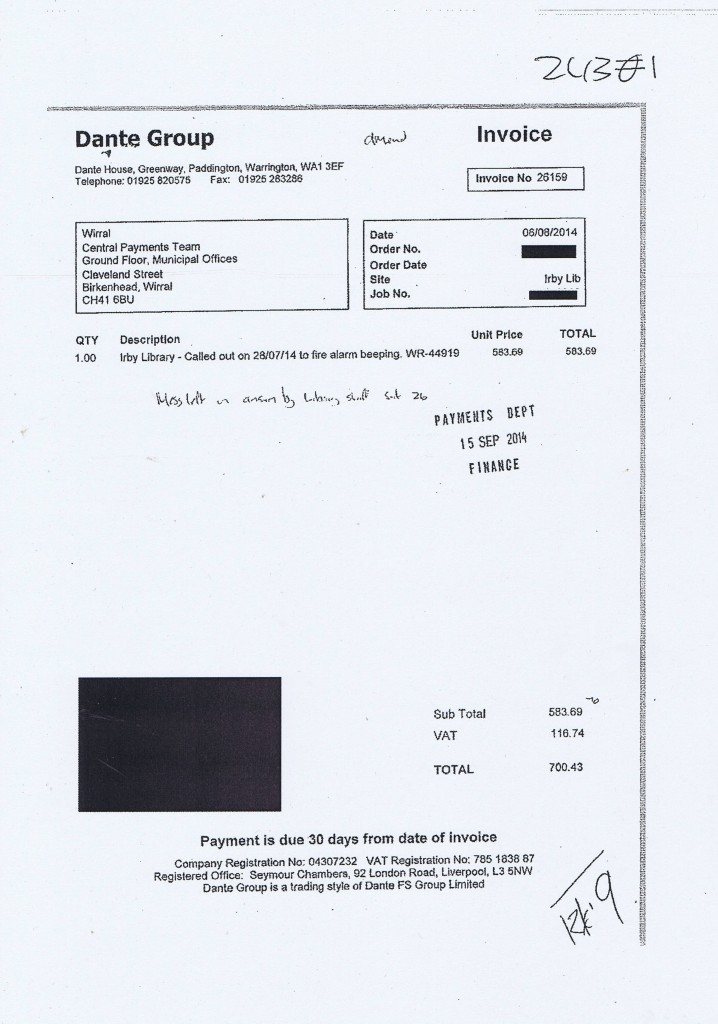 Wirral Council invoice Dante Irby Library £700.43
