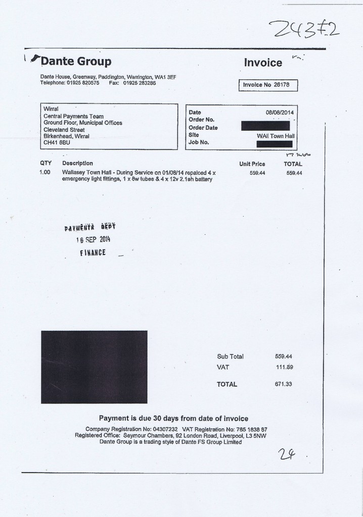 Wirral Council invoice Dante Wallasey Town Hall £671.33