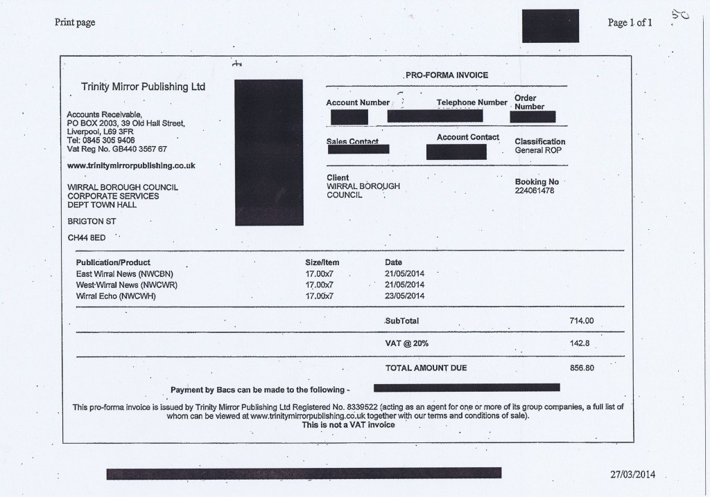 Wirral Council invoice 50 Trinity Mirror Publishing Ltd £856.80