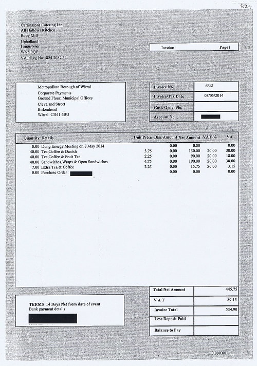 Wirral Council invoice Carringtons Catering Ltd Dong Energy Meeting 8th May 2014 catering £534.90 thumbnail