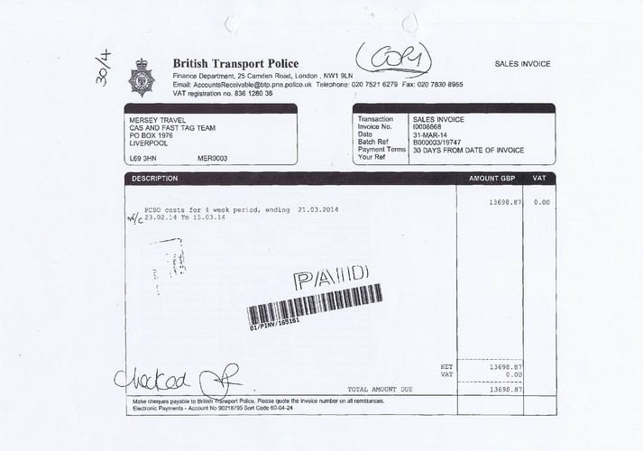 Merseytravel 2014 2015 audit month 1 invoice BRITISH TRANSPORT POLICE £13698 87p page 1 of 2 thumbnail