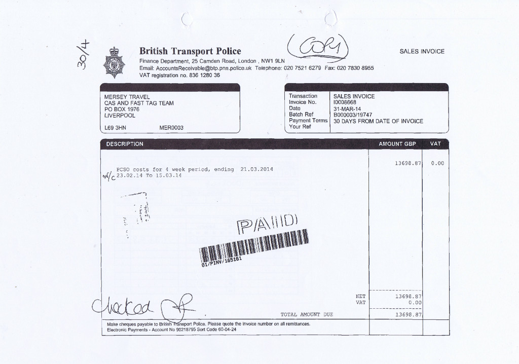 Merseytravel 2014 2015 audit month 1 invoice BRITISH TRANSPORT POLICE £13698 87p page 1 of 2
