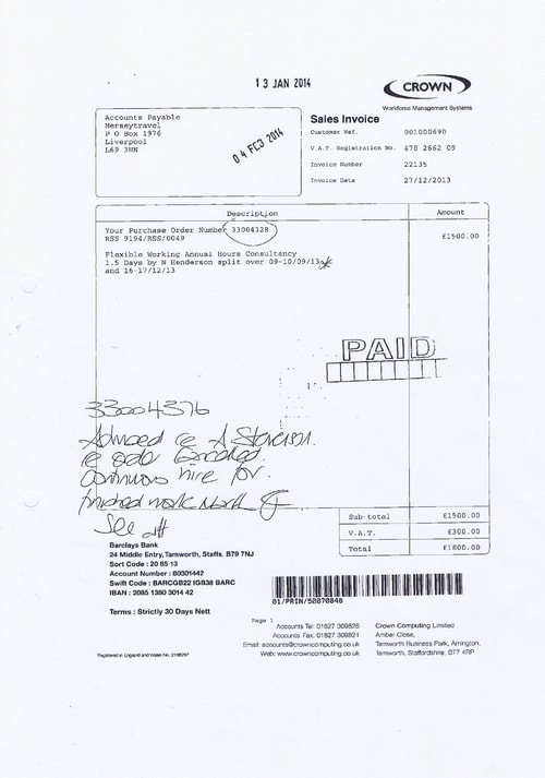 Merseytravel 2014 2015 audit month 1 invoice CROWN COMPUTING LTD £1500 page 1 of 1