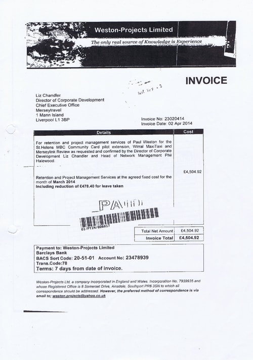Merseytravel 2014 2015 audit month 1 invoice WESTON-PROJECTS LIMITED £4504 92p page 1 of 2 thumbnail
