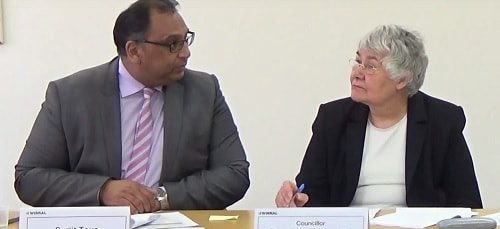 Surjit Tour (Monitoring Officer, left) speaking at the Standards and Constitutional Oversight Committee meeting of Wirral Council on the 2nd June 2016 Right Cllr Denise Roberts (Chair)