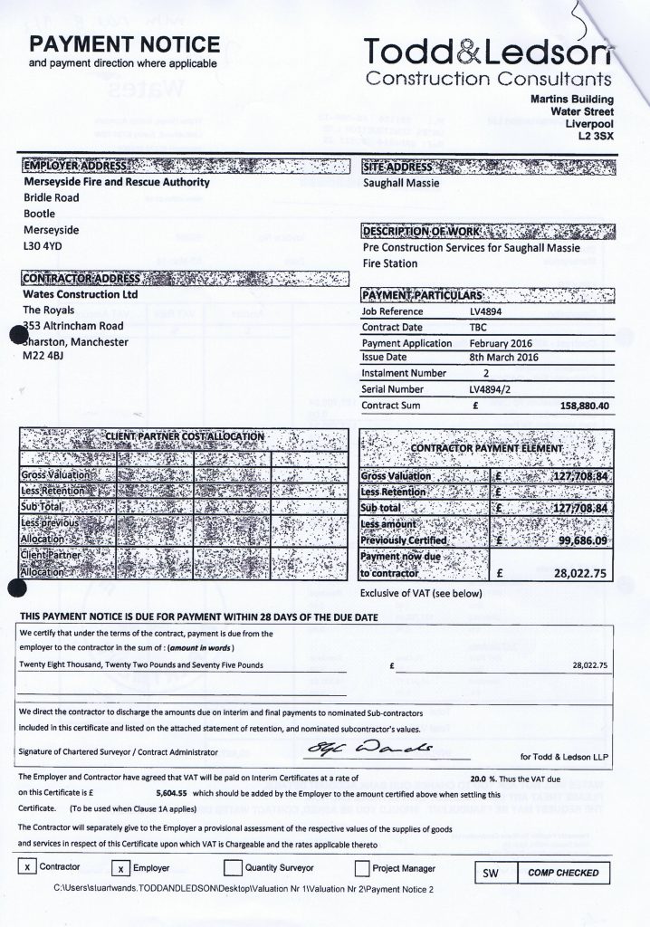 6 Wates Construction Ltd invoice 26th February 2016 Saughall Massie Fire Station £33627.30 Page 2 of 2
