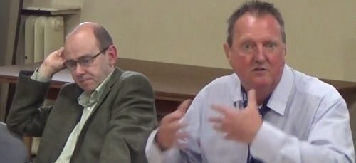 Councillor Steve Foulkes (Labour) (right) speaking at a recent meeting of the Birkenhead Constituency Committee (28th July 2016) while Councillor Pat Cleary (Green) (left) listens