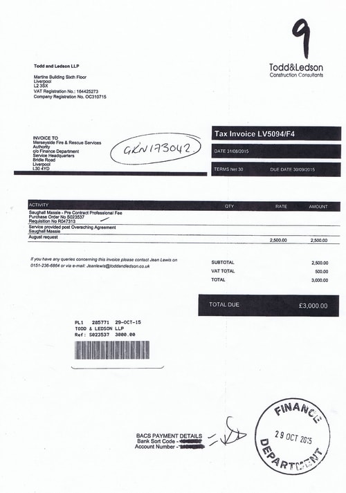 Invoice £3000 Todd and Ledson LLP Merseyside Fire and Rescue Services Merseyside Fire and Rescue Authority 31st August 2015 Saughall Massie Pre Contract Professional fees
