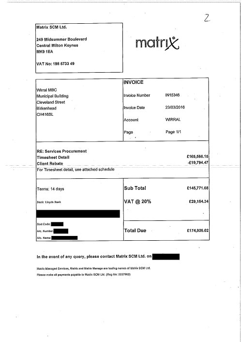 Matrix SCM invoice Wirral Council IN15346 £174,926.02