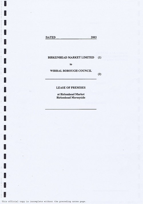 Birkenhead Market lease cover page Birkenhead Market Limited Wirral Borough Council page 1