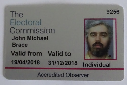 Electoral Commission individual election observer ID John Brace 2018