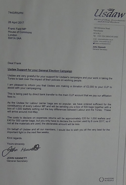 letter from USDAW to Frank Field 26th April 2017 about donation