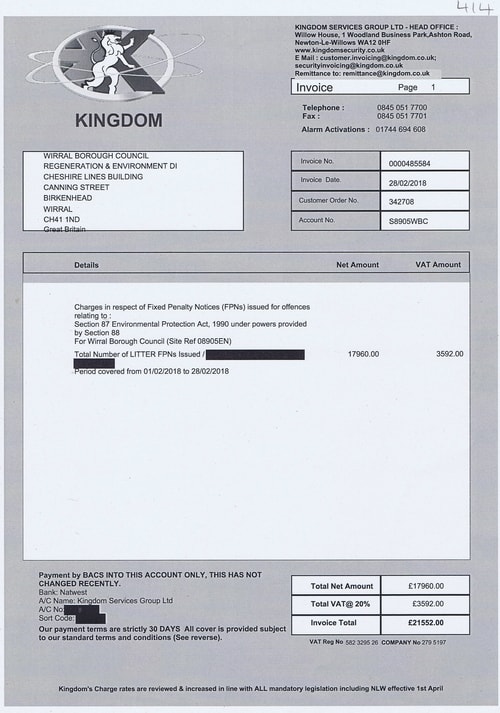 Kingdom invoice Wirral Council February 2018 litter fixed penalty notices