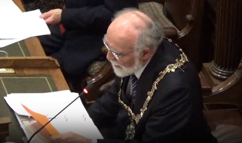 Mayor Cllr Geoffrey Watt announcing the result of the vote Hoylake Golf Resort/Celtic Manor Resort (Wirral Council) 25th February 2019