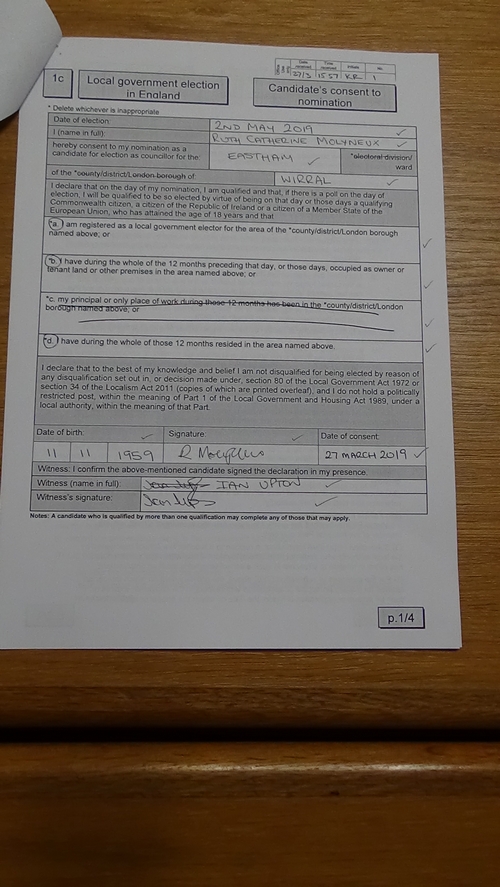 candidate’s consent to nomination Ruth Molyneux Eastham 2019 page 1 of 4