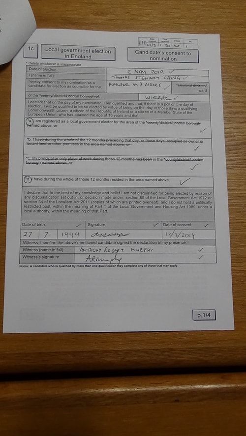 candidate’s consent to nomination Thomas Laing Hoylake and Meols 2019 page 1 of 4