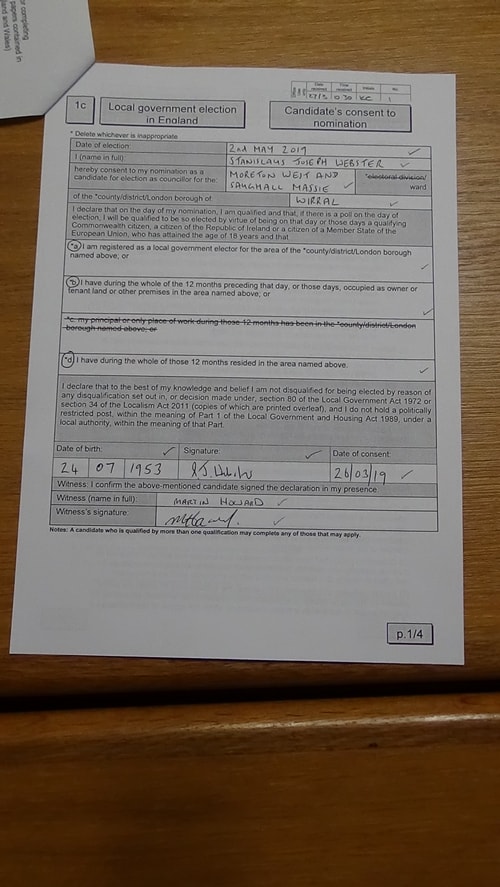 candidate's consent to nomination Stan Webster Moreton West and Saughall Massie 2019 page 1 of 4