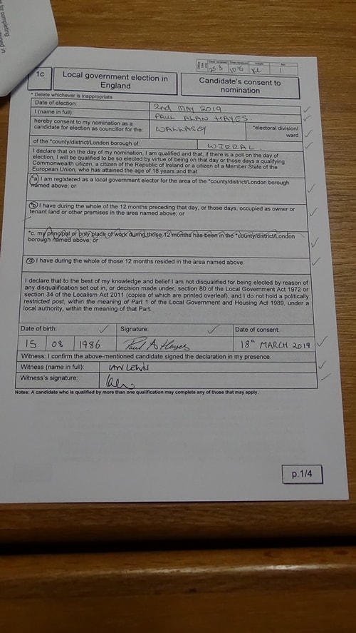 candidate’s consent to nomination Paul Hayes Wallasey 2019 page 1 of 4