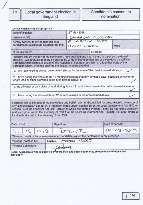 candidate’s consent to nomination page 1 Liverpool City Council 2019 1 Sharon Connor Allerton and Hunts Cross