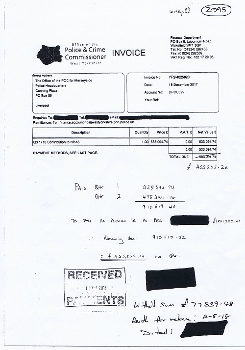 disputed invoice West Yorkshire Police Merseyside Police Q3 2017 18 NPAS £533094 74