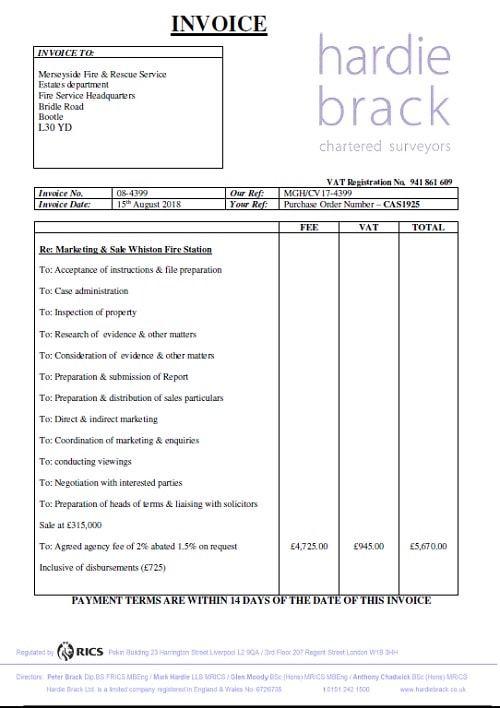 Hardie Brack invoice for sale of Whiston fire station