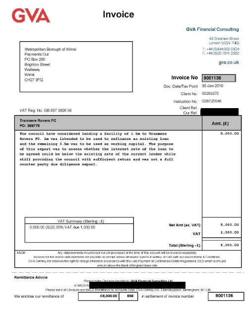 GVA Financial Consulting Limited invoice regarding Tranmere Rovers Football Club loan advice