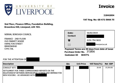 University of Liverpool invoice to Wirral Council