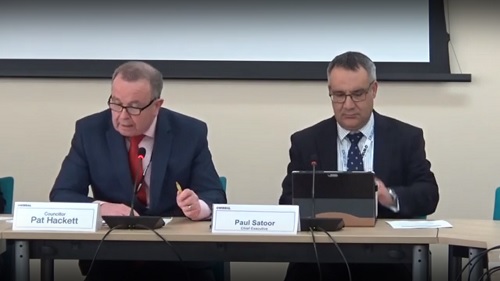 Cllr Pat Hackett and Paul Satoor at a meeting of the Cabinet of Wirral Council (23rd December 2019) to discuss the 2020-2021 Budget Proposals