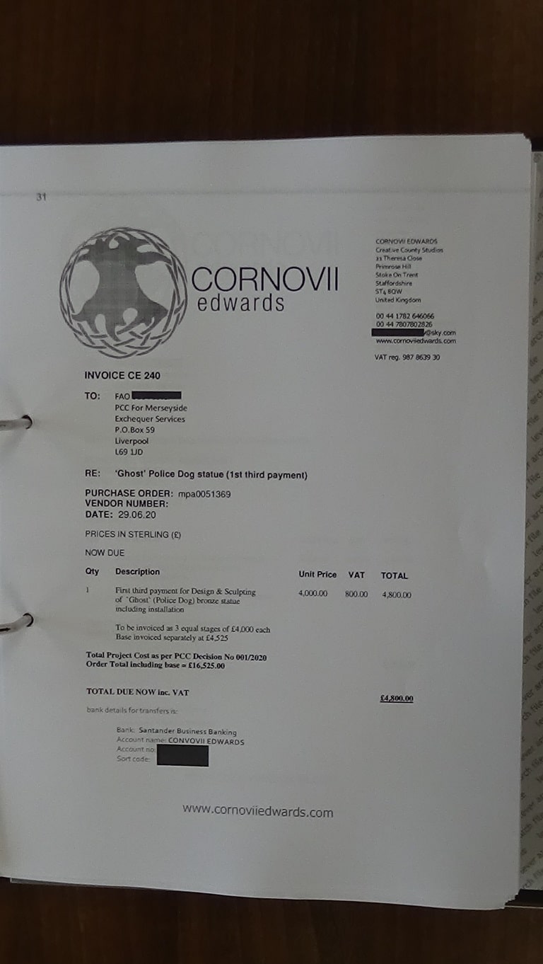 31 Cornovii Edwards Ghost police dog statue invoice Office of Police and Crime Commissioner for Merseyside