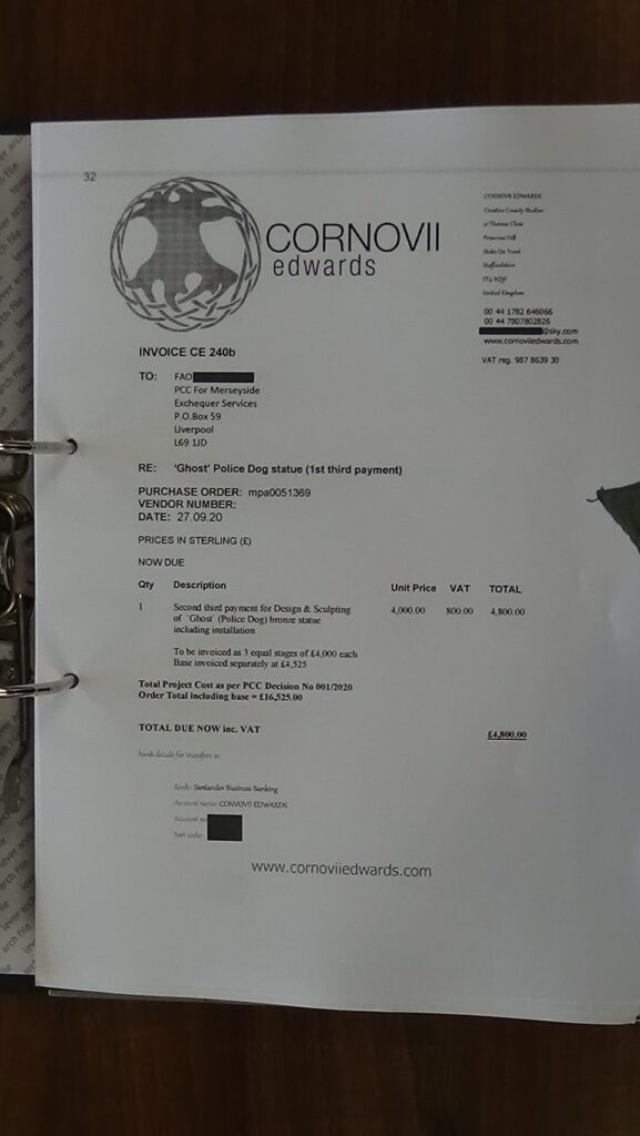 32 Cornovii Edwards Ghost police dog statue invoice Office of Police and Crime Commissioner for Merseyside