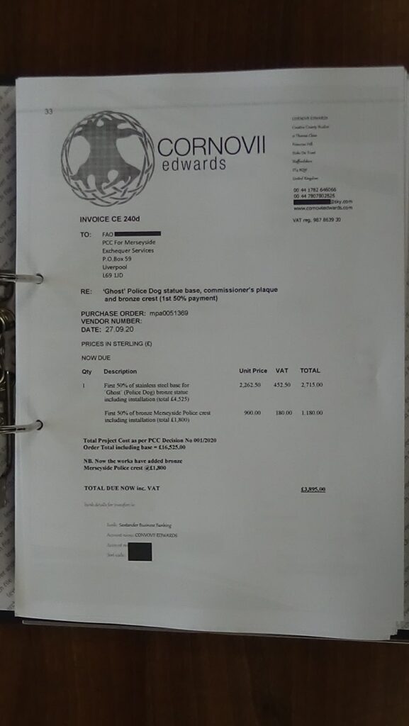 33 Cornovii Edwards Ghost police dog statue invoice Office of Police and Crime Commissioner for Merseyside