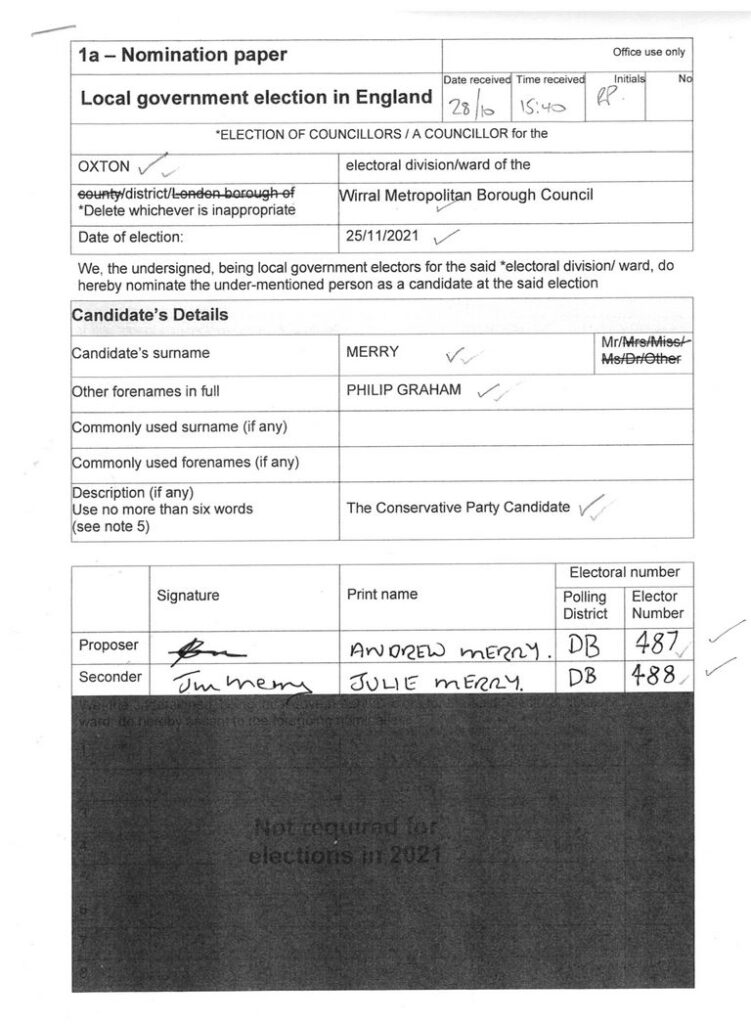 1a Nomination Paper Merry Philip Graham Conservative Oxton Wirral Council November 2021