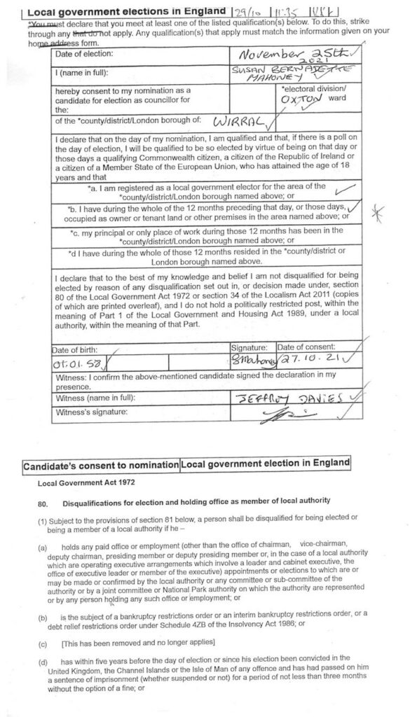 1c Candidate’s Consent to Nomination Mahoney Susan Bernadette Labour Oxton Wirral Council November 2021 page 2 of 2