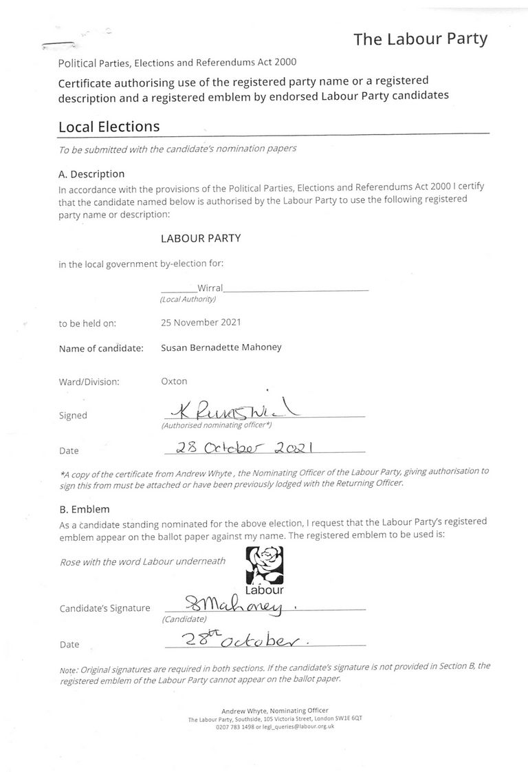 3 Request for a party emblem Mahoney Susan Bernadette Labour Oxton Wirral Council November 2021