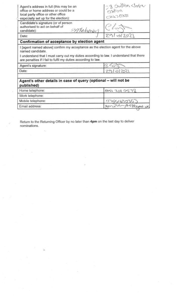 4 Notification of an election agent Mahoney Susan Bernadette Labour Oxton Wirral Council November 2021 page 2 of 2