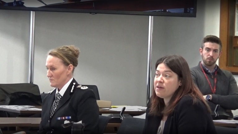 Left - Chief Constable of Merseyside Police Serena Kennedy, Middle - Police and Crime Commissioner for Merseyside Emily Spurrell at a meeting of Merseyside Police and Crime Panel (3rd February 2022)