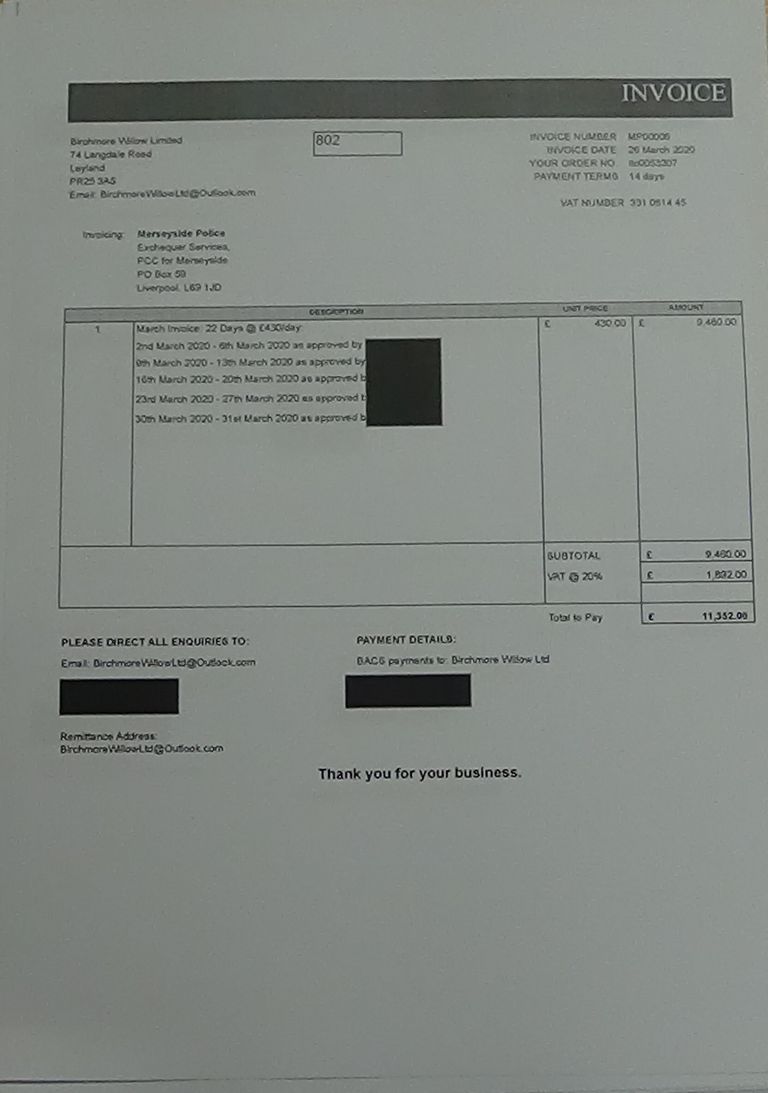 Birchmore Willow Limited invoice to Merseyside Police (July 2020)