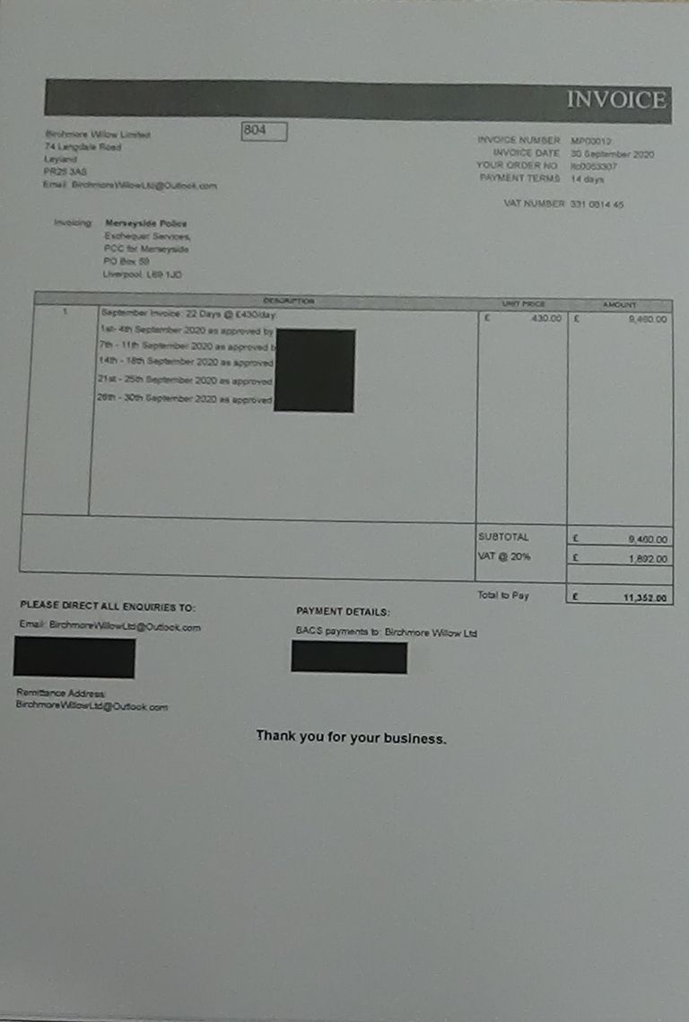 Birchmore Willow Limited invoice to Merseyside Police