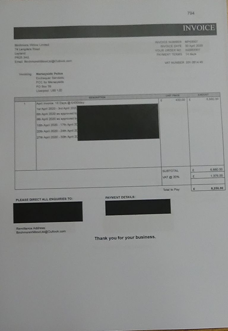 Birchmore Willow Limited invoice to Merseyside Police (April 2020)