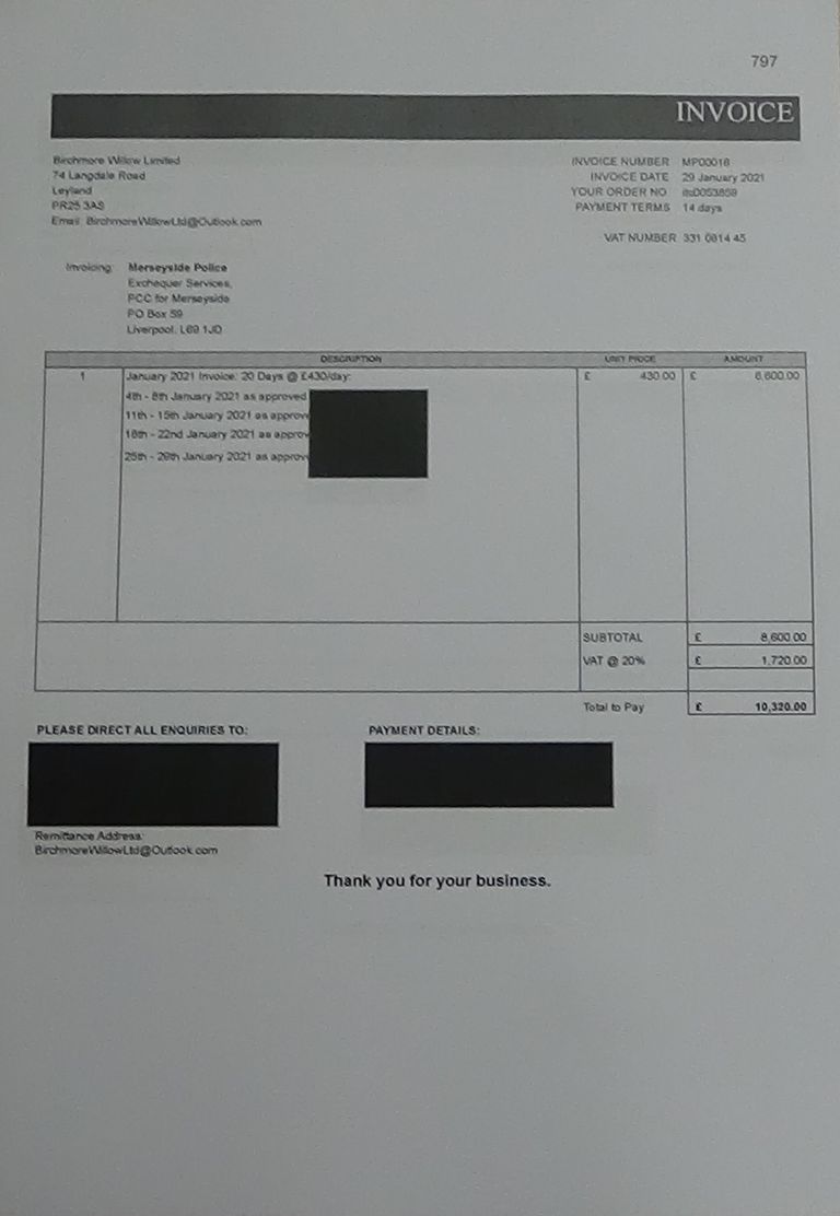 Birchmore Willow Limited invoice to Merseyside Police (January 2021)