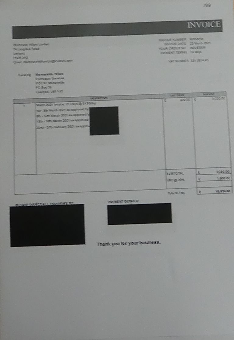 Birchmore Willow Limited invoice to Merseyside Police (March 2021)